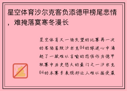 星空体育沙尔克客负添德甲榜尾悲情，难掩落寞寒冬漫长