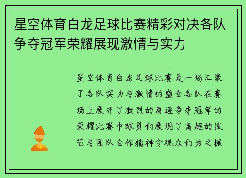 星空体育白龙足球比赛精彩对决各队争夺冠军荣耀展现激情与实力